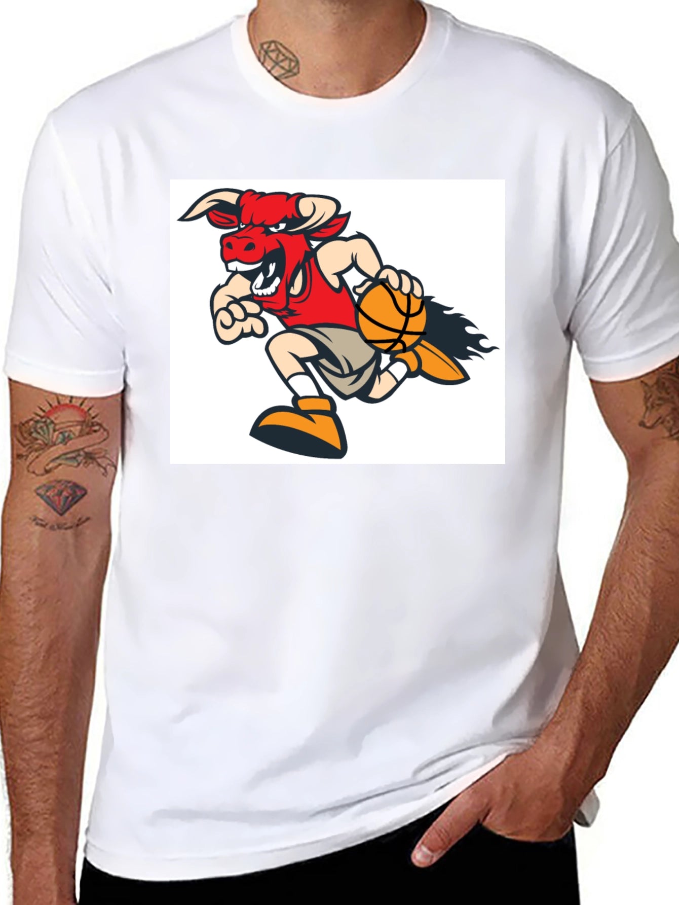 Cartoon Bull Basketball T-Shirt - Black