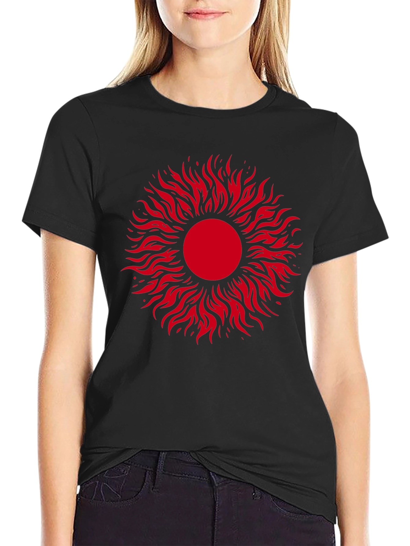 Black T-Shirt with Red Sun Graphic