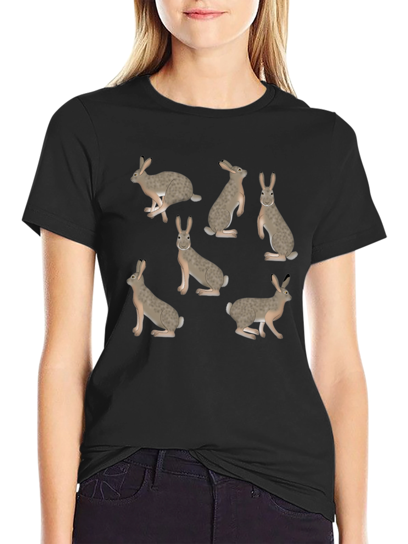 Rabbit Print T-Shirt - Black Crew Neck Tee