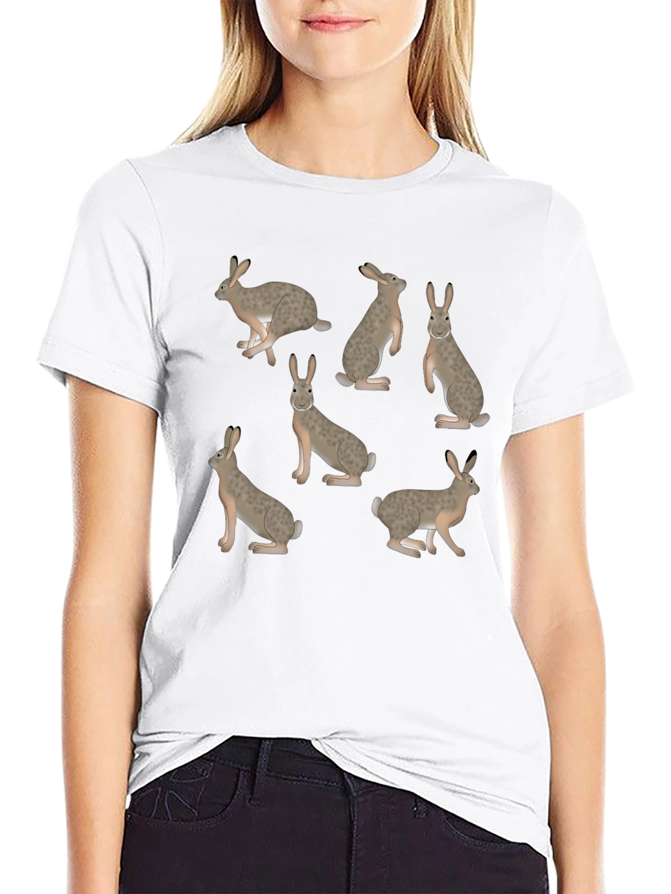 Rabbit Print T-Shirt - Black Crew Neck Tee