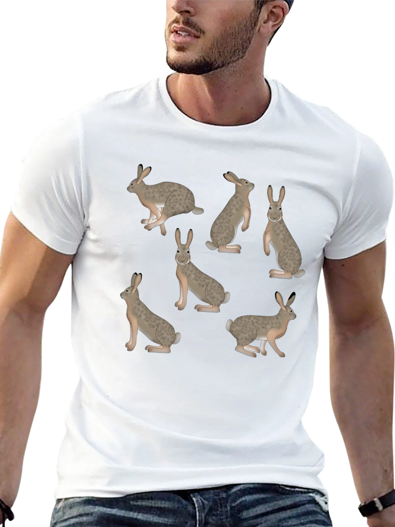 Rabbit Print T-Shirt - Black Crew Neck Tee