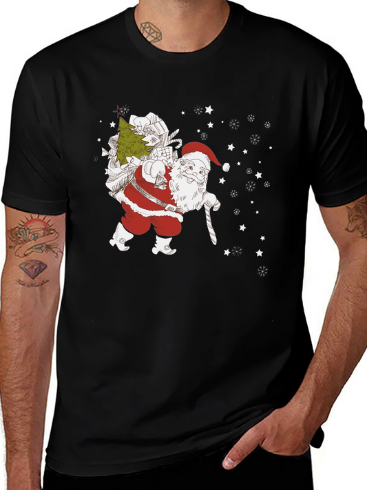 Santa with Christmas Tree Black T-shirt