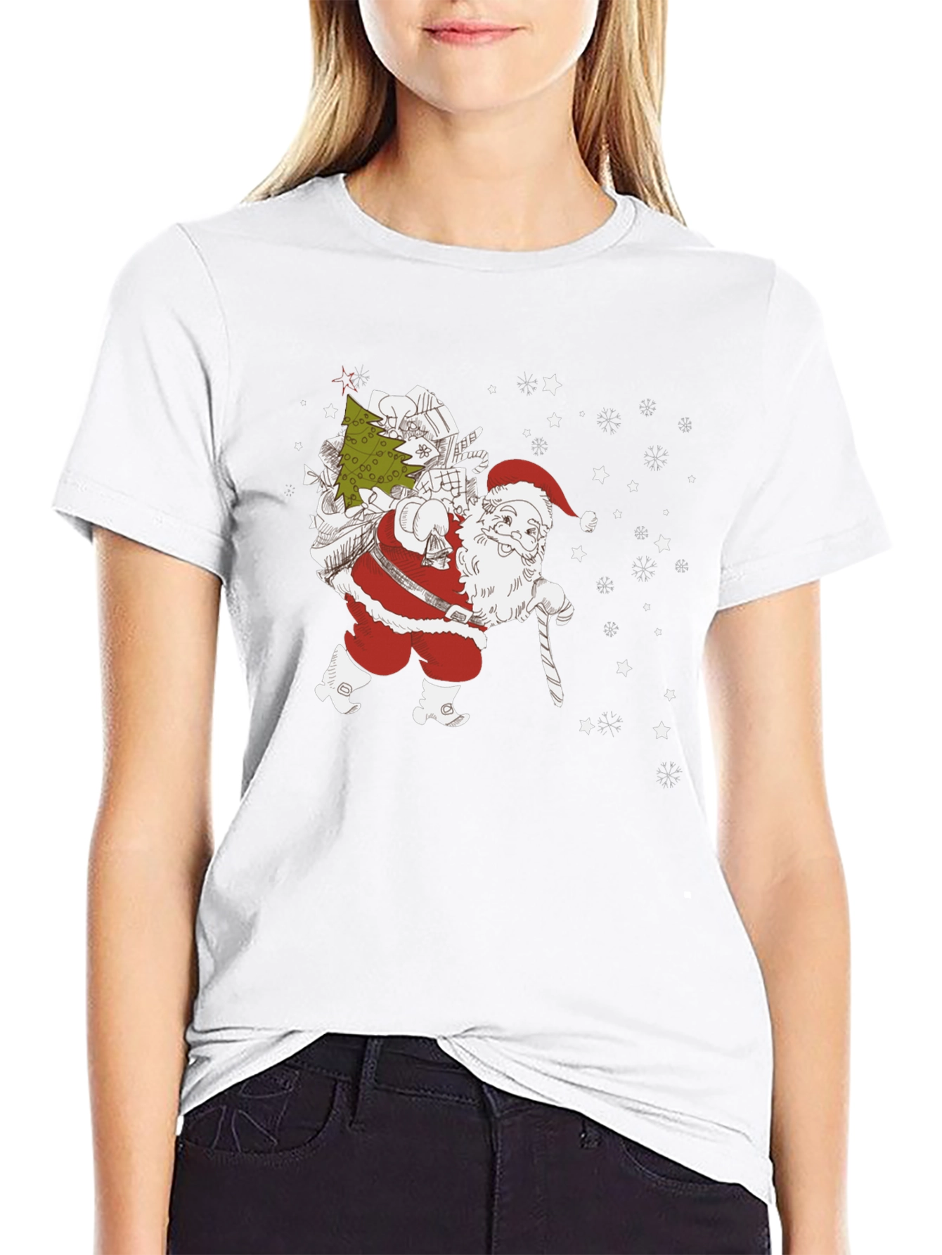 Santa with Christmas Tree Black T-shirt