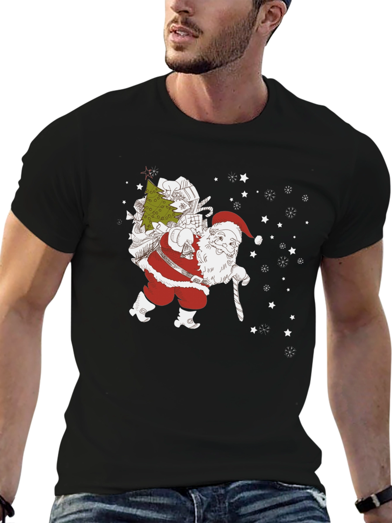 Santa with Christmas Tree Black T-shirt