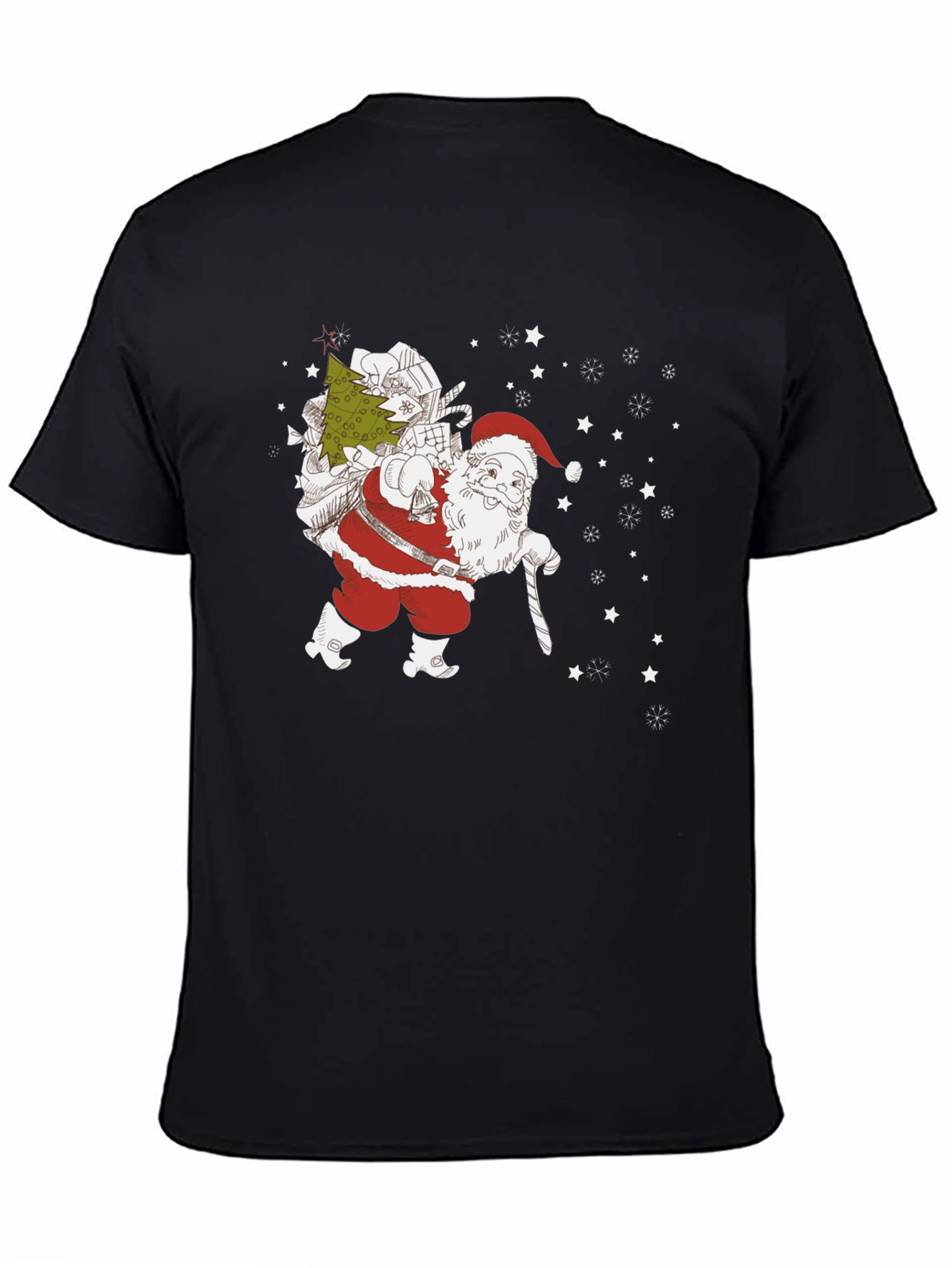 Santa with Christmas Tree Black T-shirt