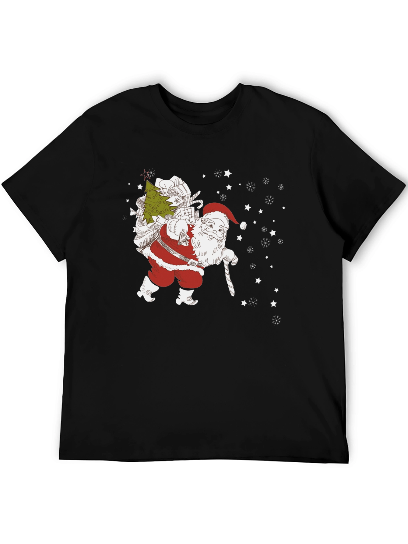 Santa with Christmas Tree Black T-shirt