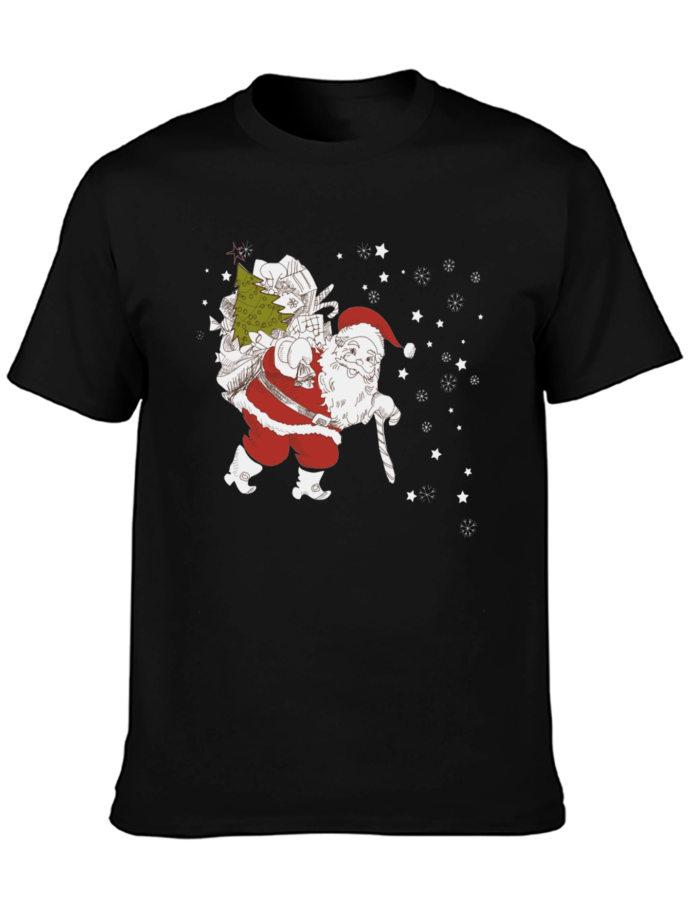 Santa with Christmas Tree Black T-shirt