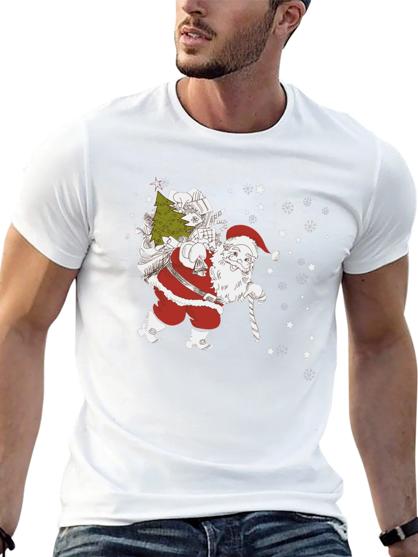 Santa with Christmas Tree Black T-shirt