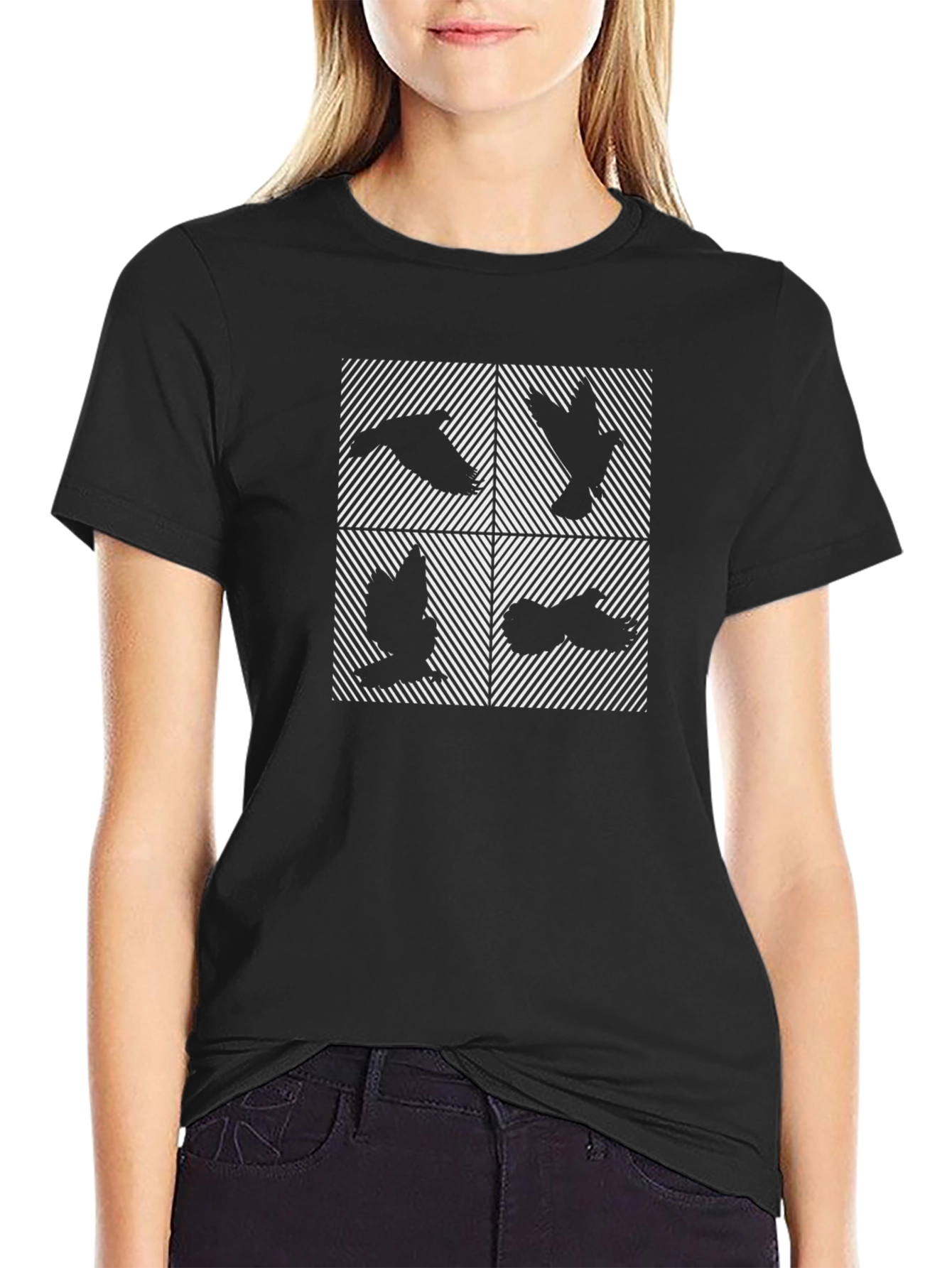 Abstract Birds Graphic Print Black T-Shirt