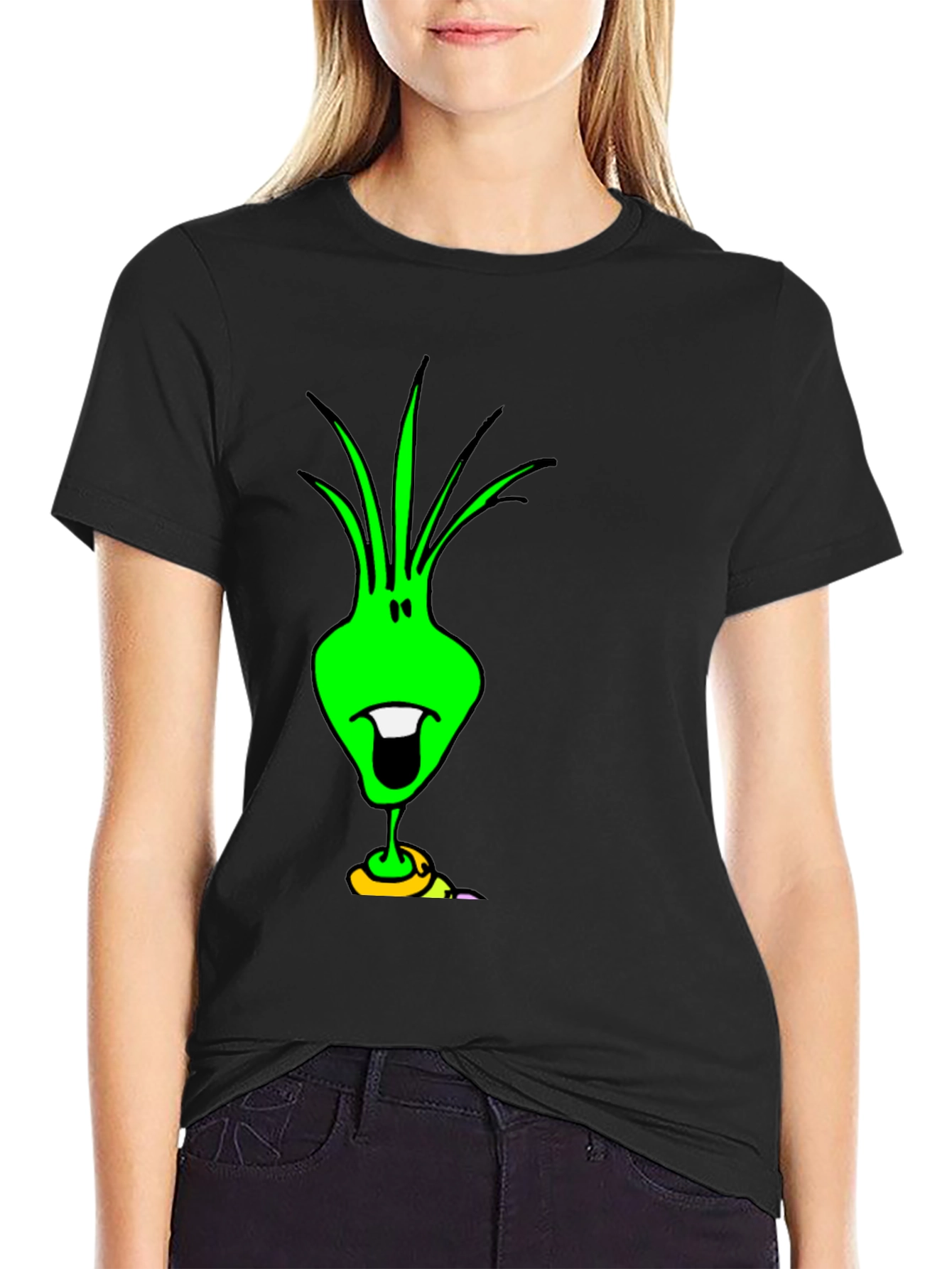 Funky Green Alien Graphic Tee - Black Cotton T-Shirt