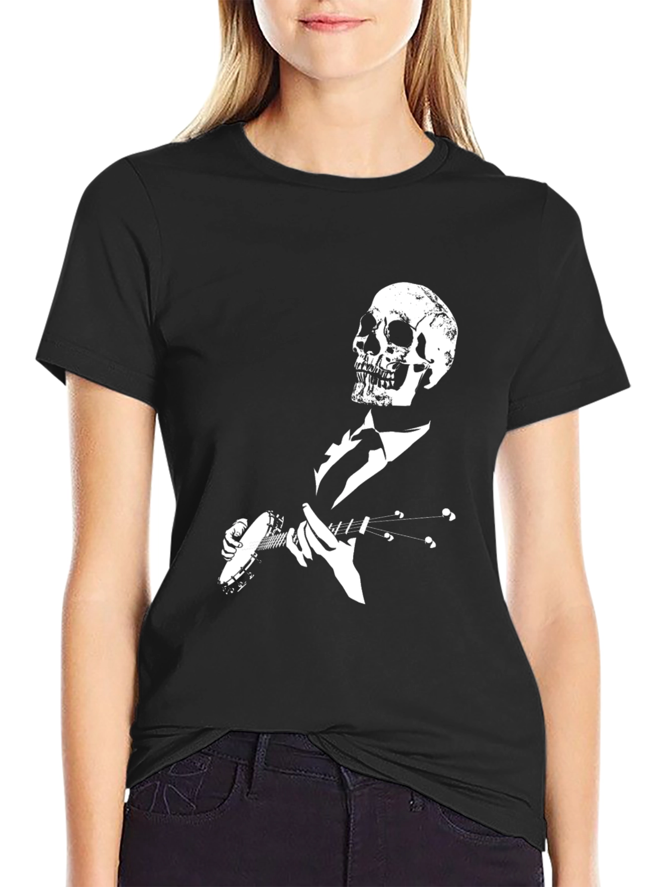 Skull Banjo Player Black Graphic T-Shirt