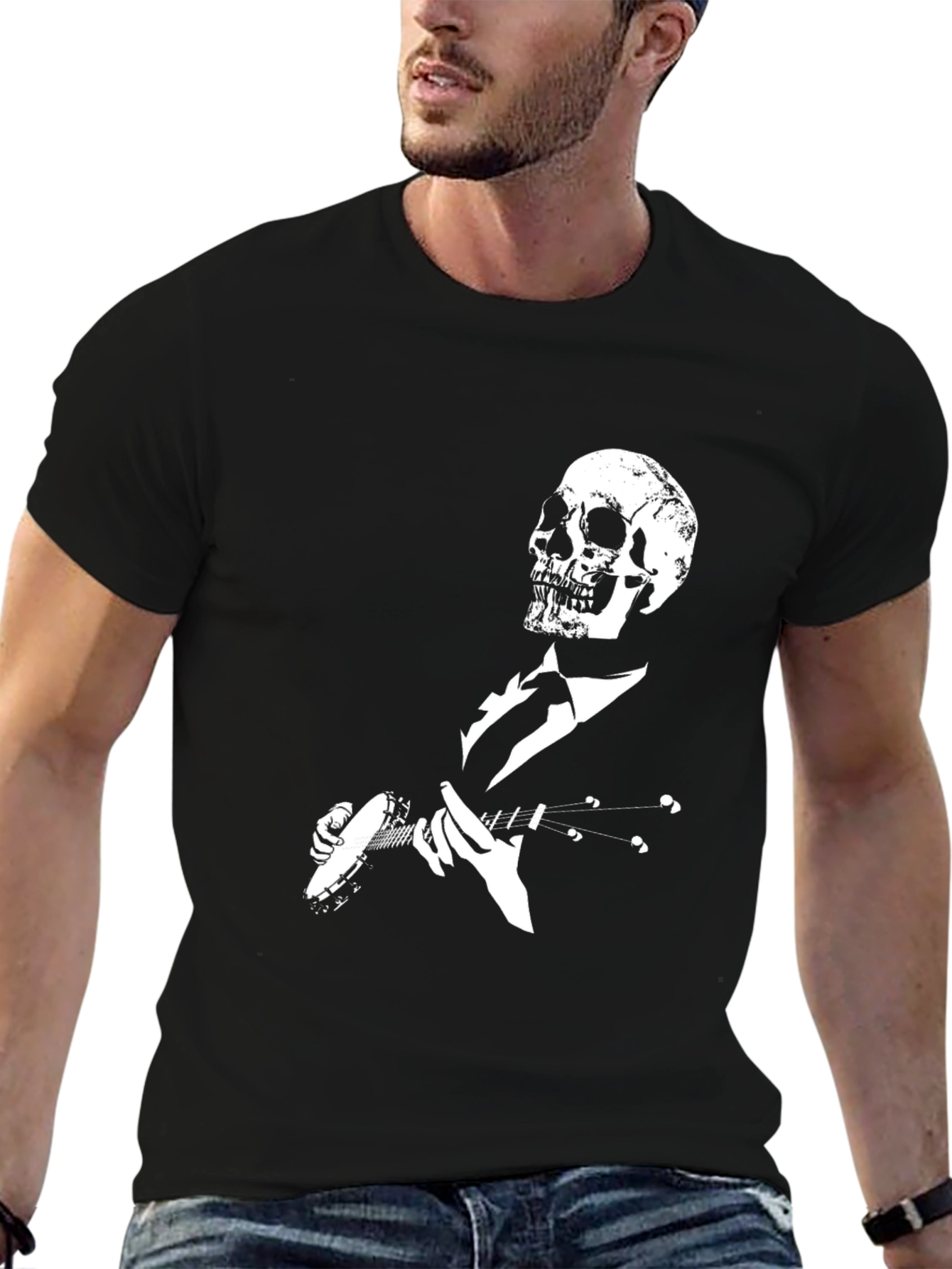 Skull Banjo Player Black Graphic T-Shirt