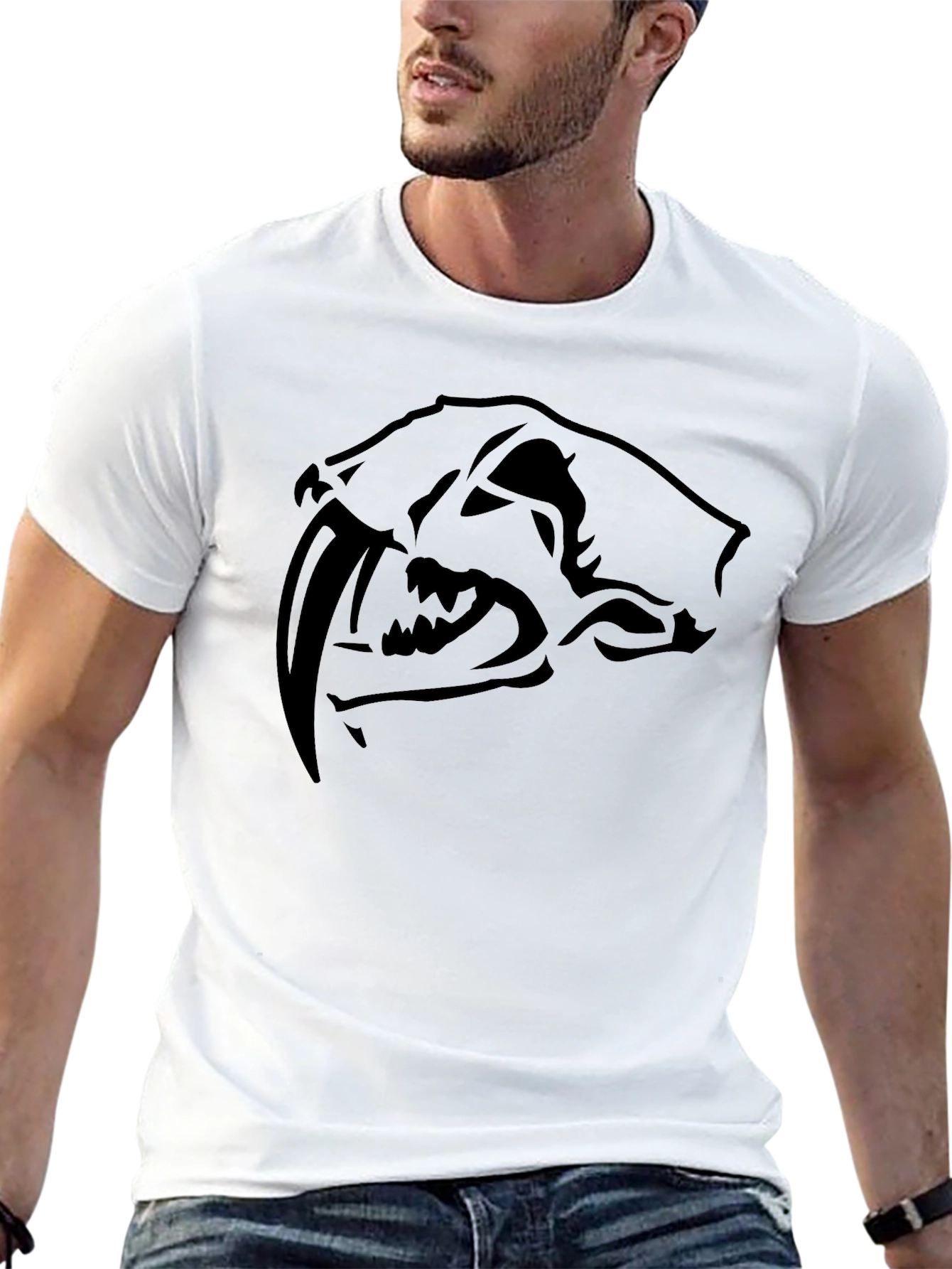 Mens Black T-Shirt with Saber-Tooth Cat Graphic Tee