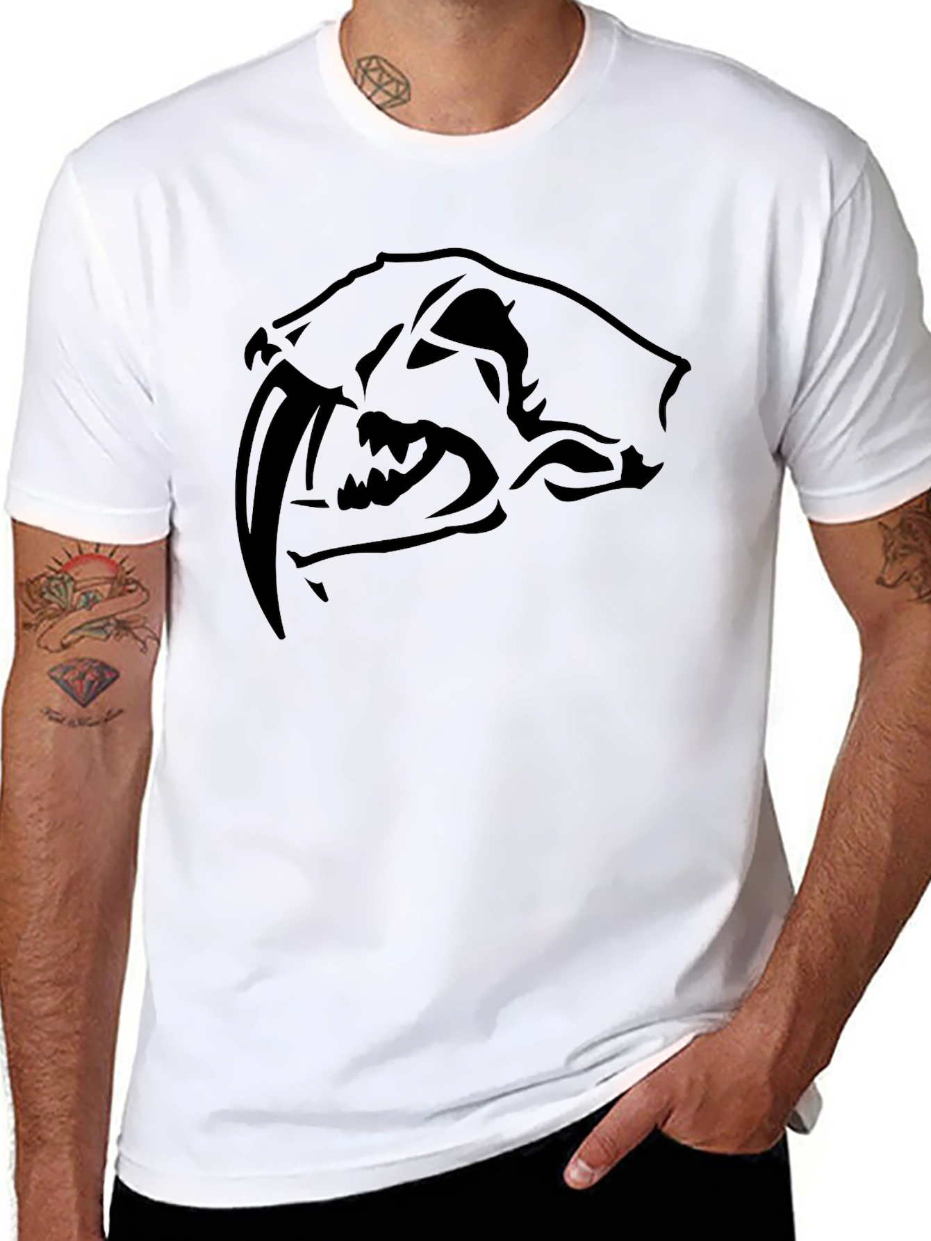 Mens Black T-Shirt with Saber-Tooth Cat Graphic Tee