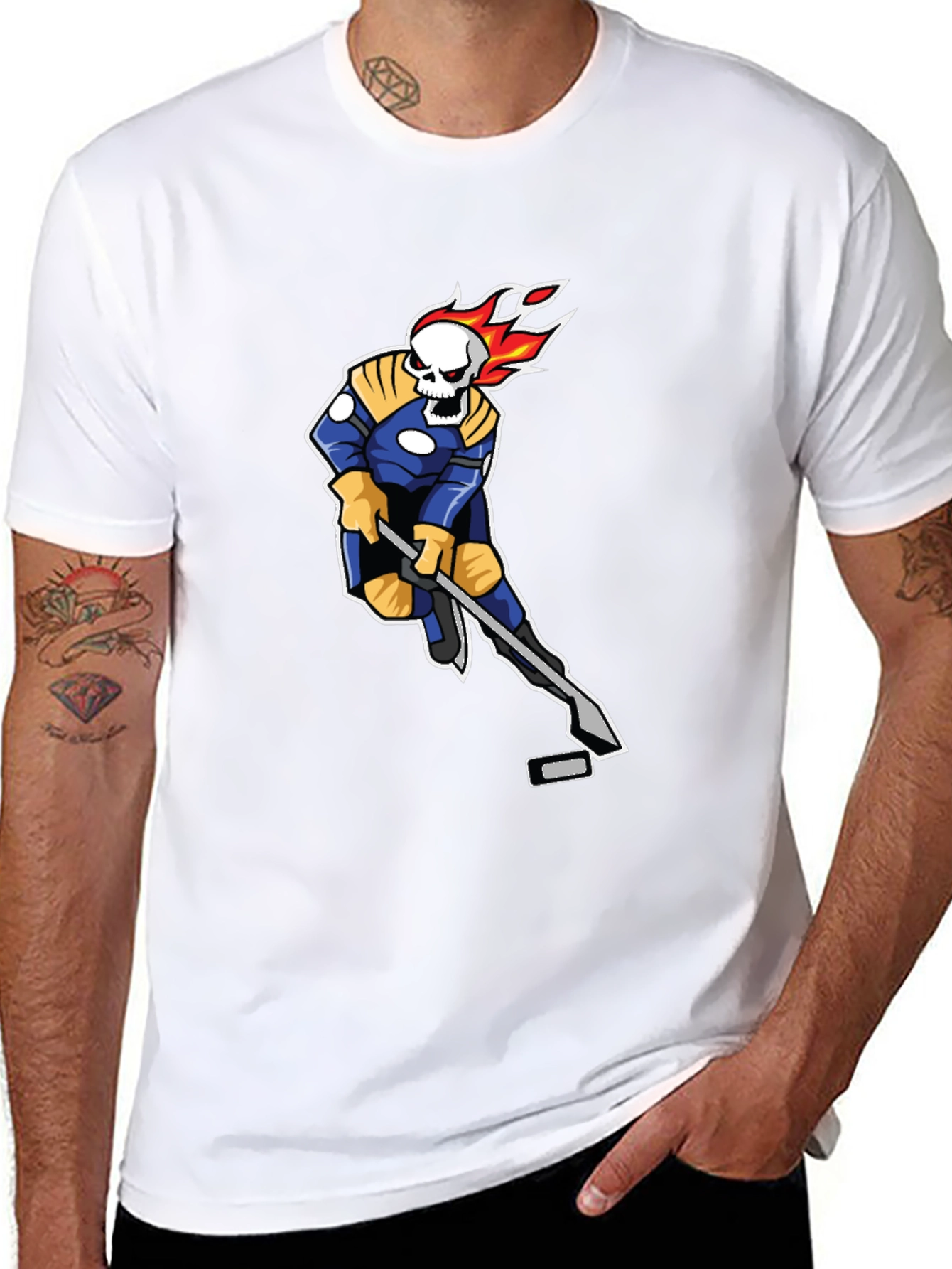 Fiery Hockey Skeleton Black T-Shirt