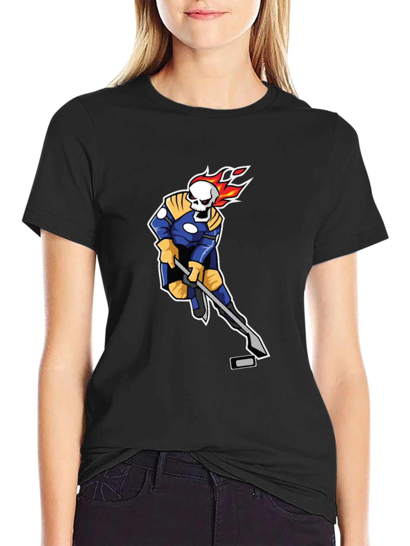 Fiery Hockey Skeleton Black T-Shirt