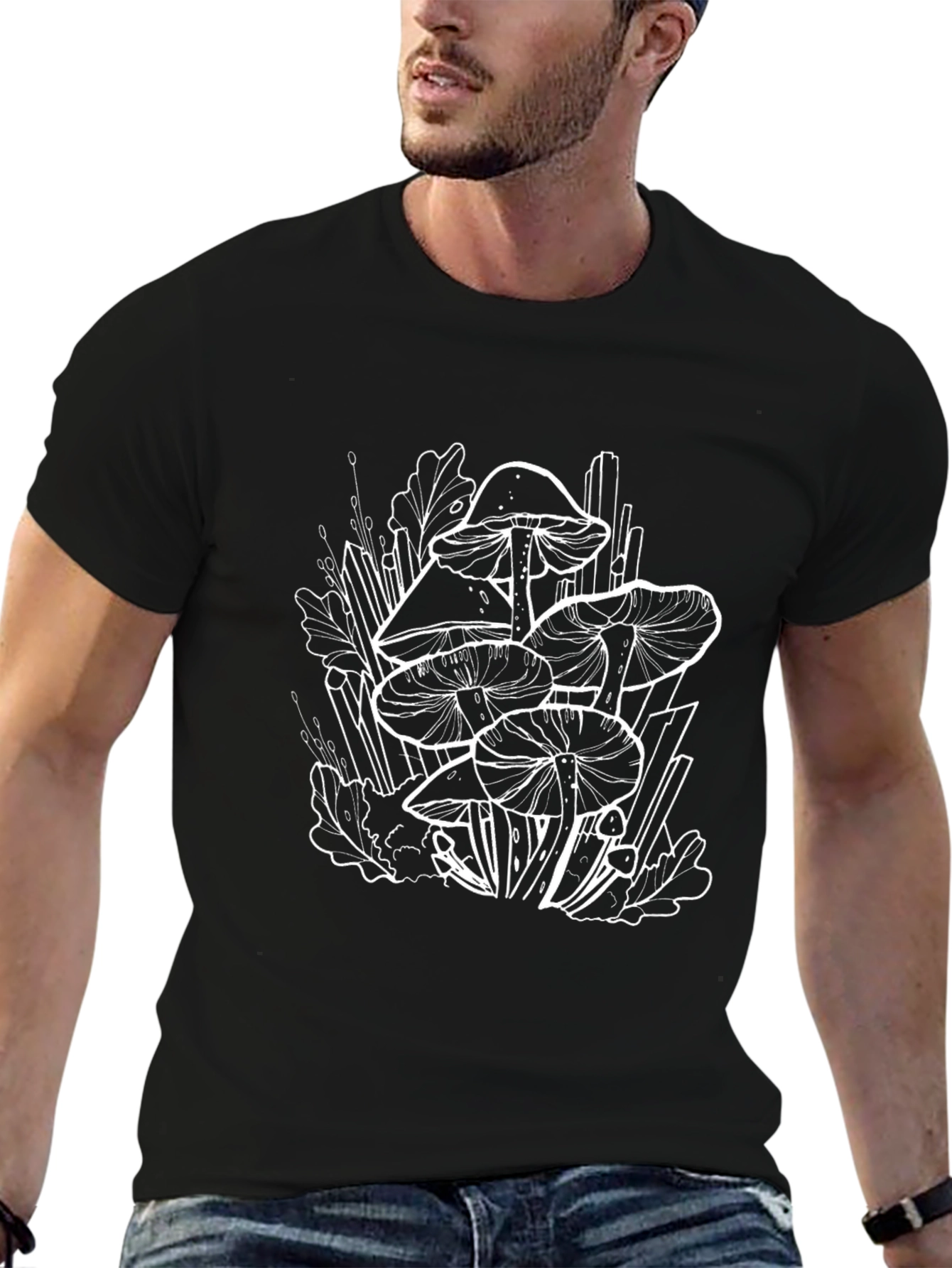 Mushroom Graphic Tee - Black Cotton Casual