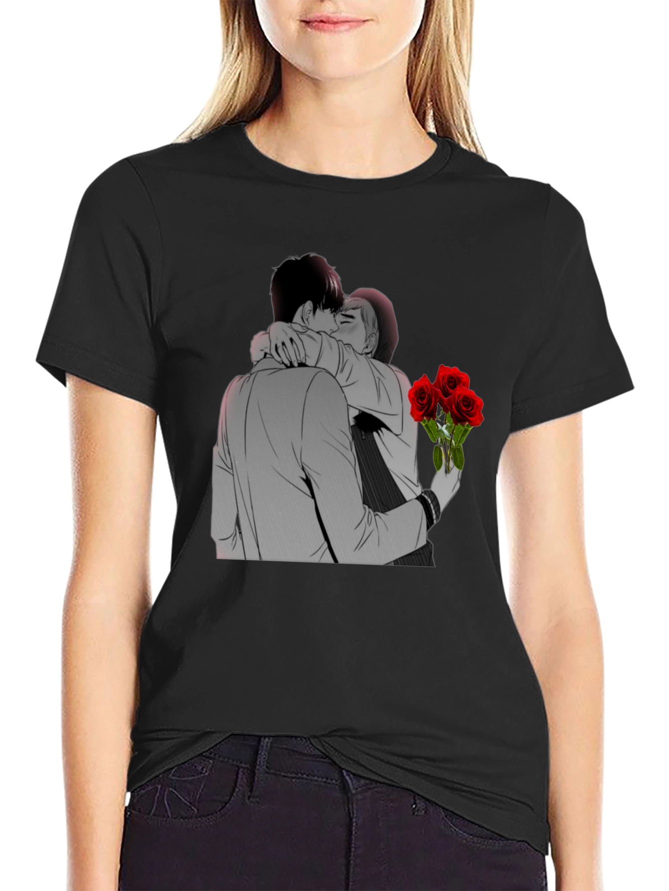Kissing Lovers & Roses Graphic Black T-Shirt