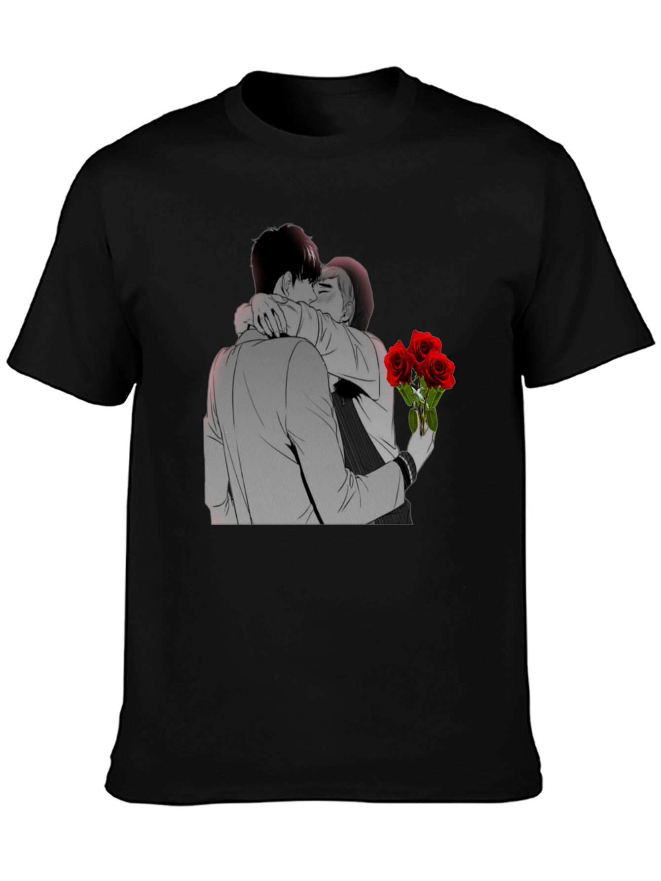 Kissing Lovers & Roses Graphic Black T-Shirt