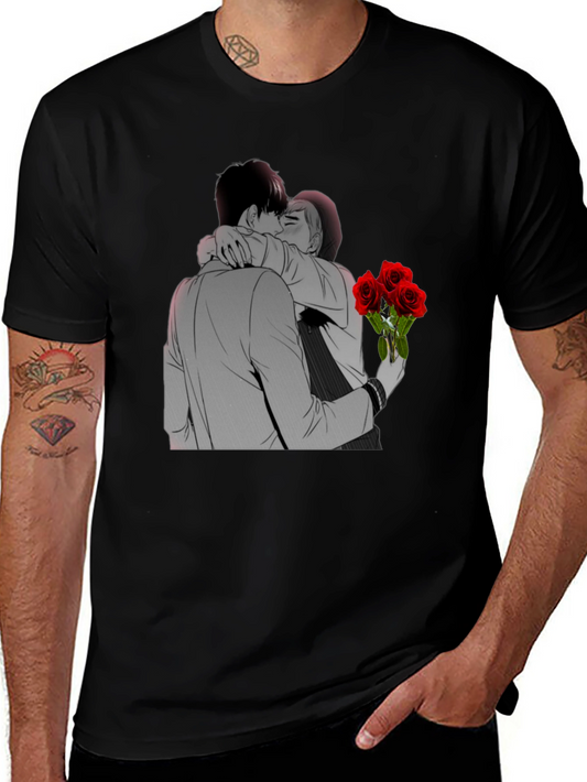 Kissing Lovers & Roses Graphic Black T-Shirt