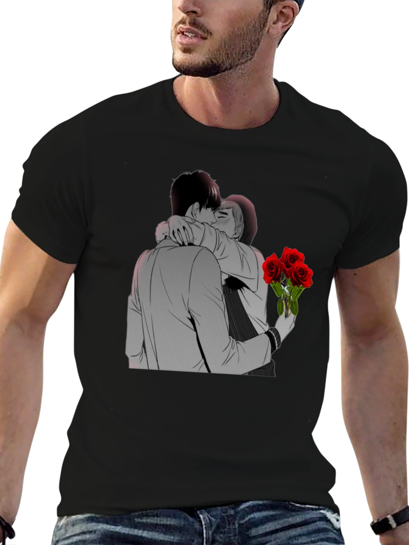 Kissing Lovers & Roses Graphic Black T-Shirt