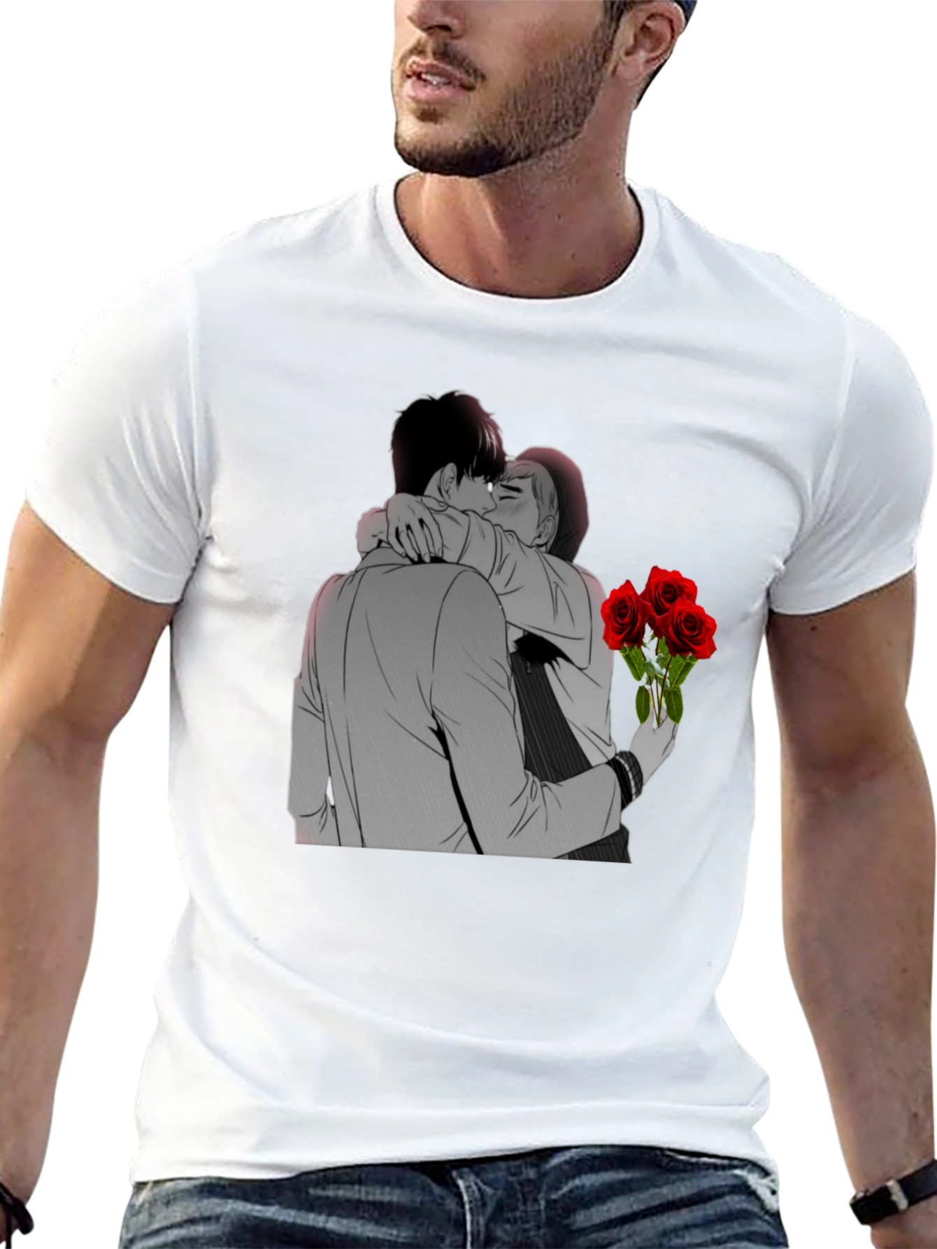 Kissing Lovers & Roses Graphic Black T-Shirt