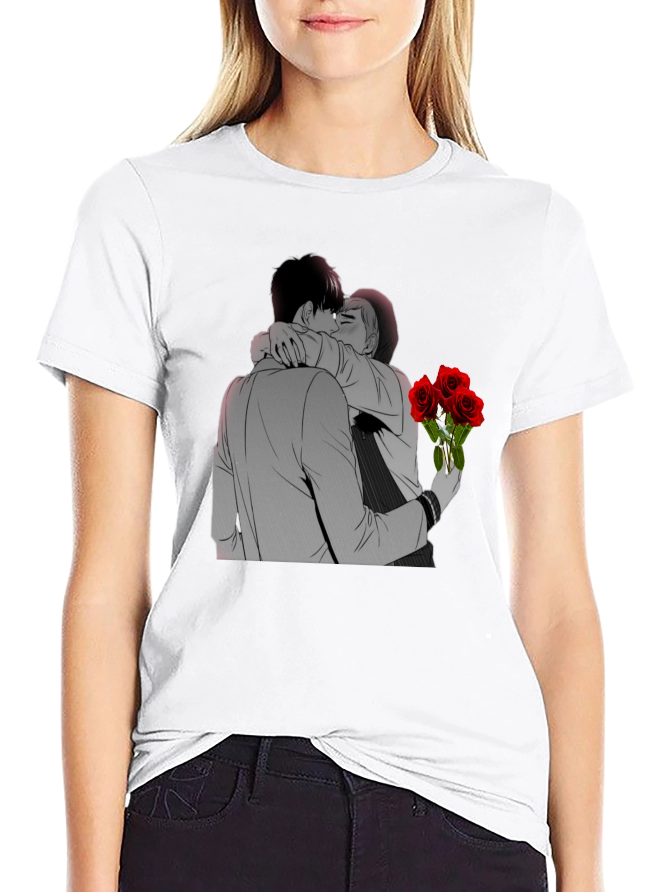 Kissing Lovers & Roses Graphic Black T-Shirt
