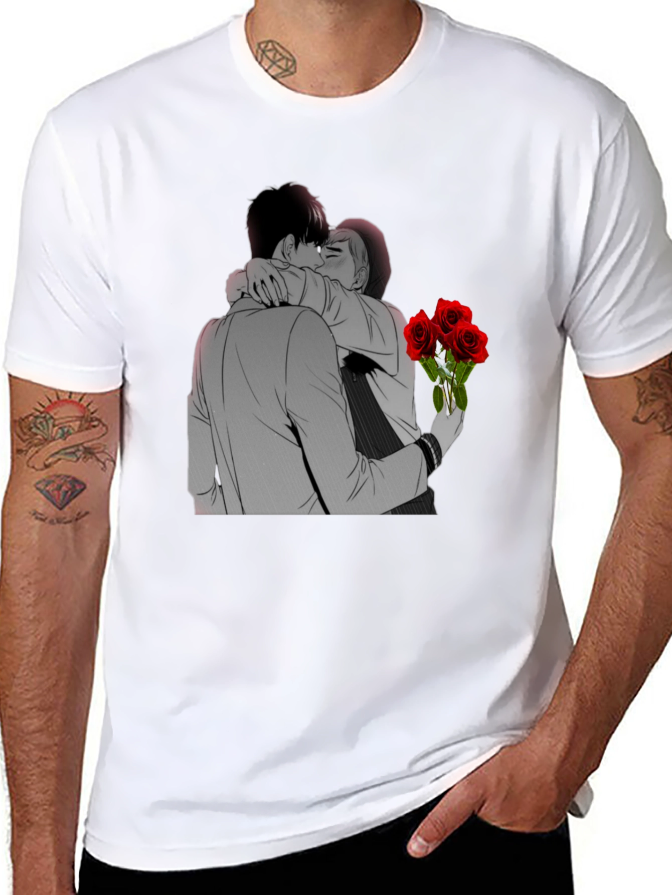 Kissing Lovers & Roses Graphic Black T-Shirt