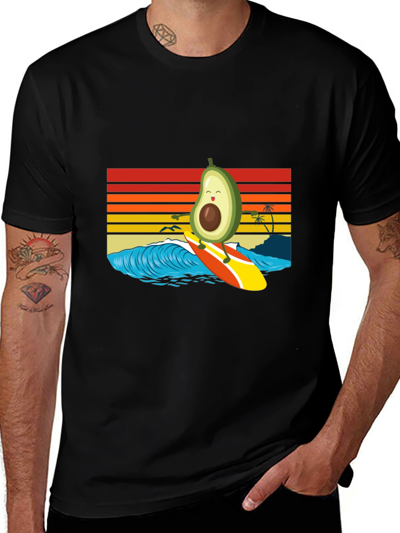 Surfing Avocado T-Shirt - Retro Wave Design