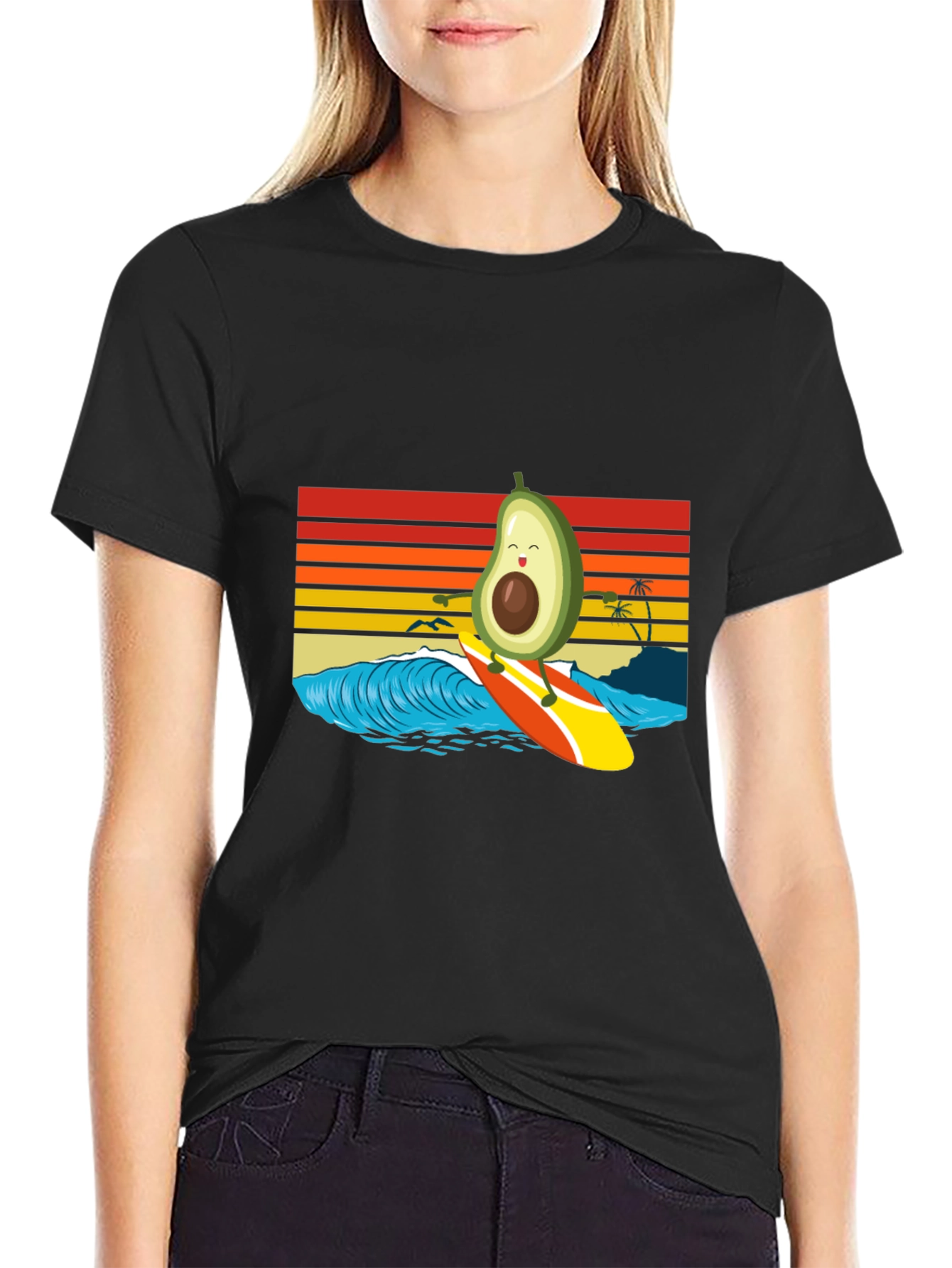 Surfing Avocado T-Shirt - Retro Wave Design