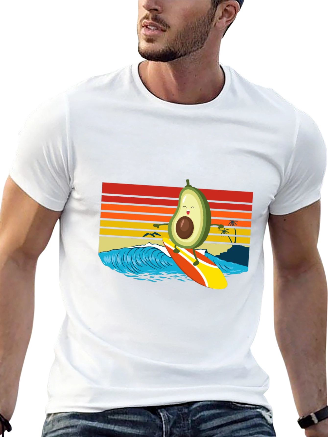 Surfing Avocado T-Shirt - Retro Wave Design