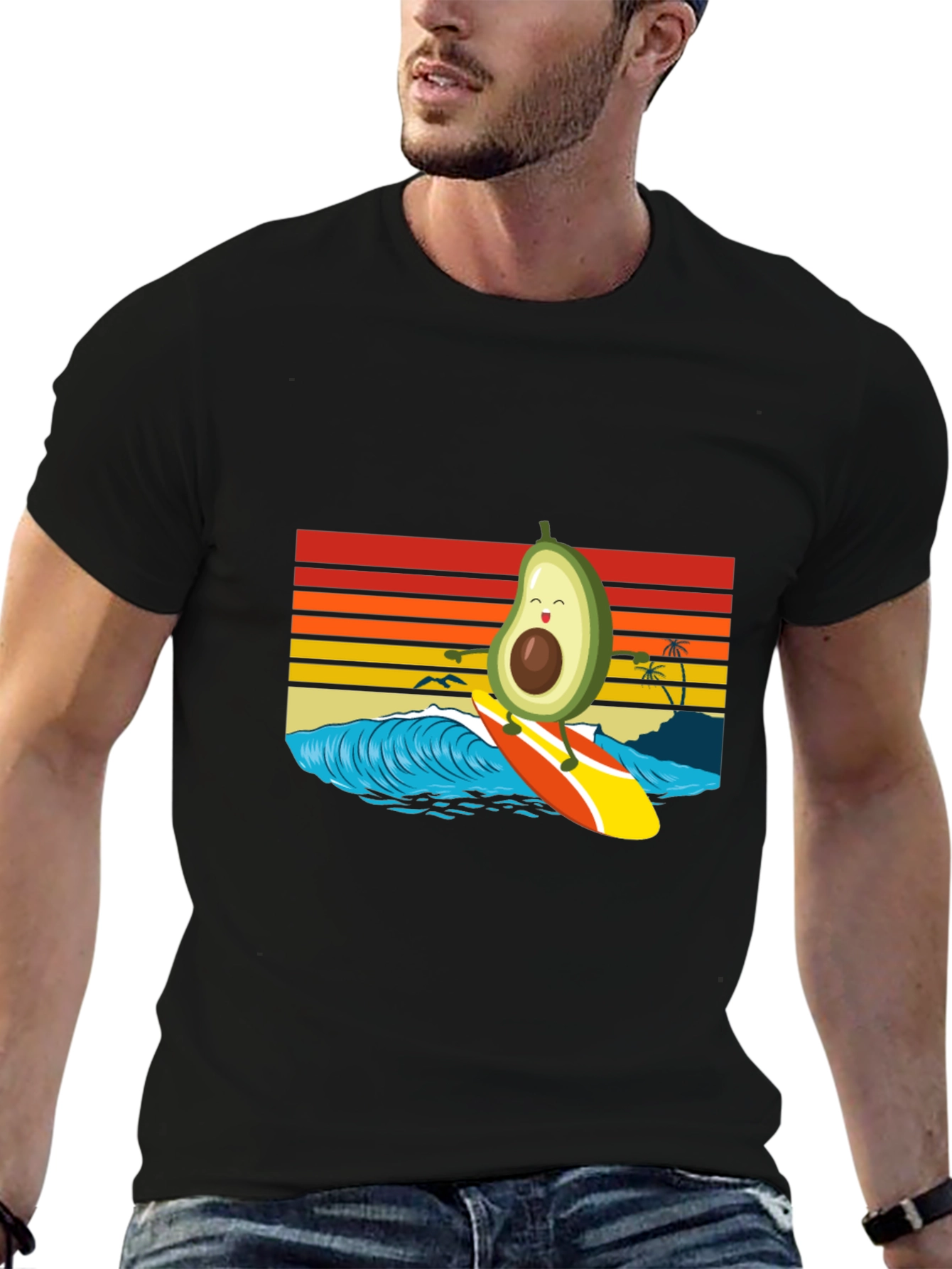 Surfing Avocado T-Shirt - Retro Wave Design