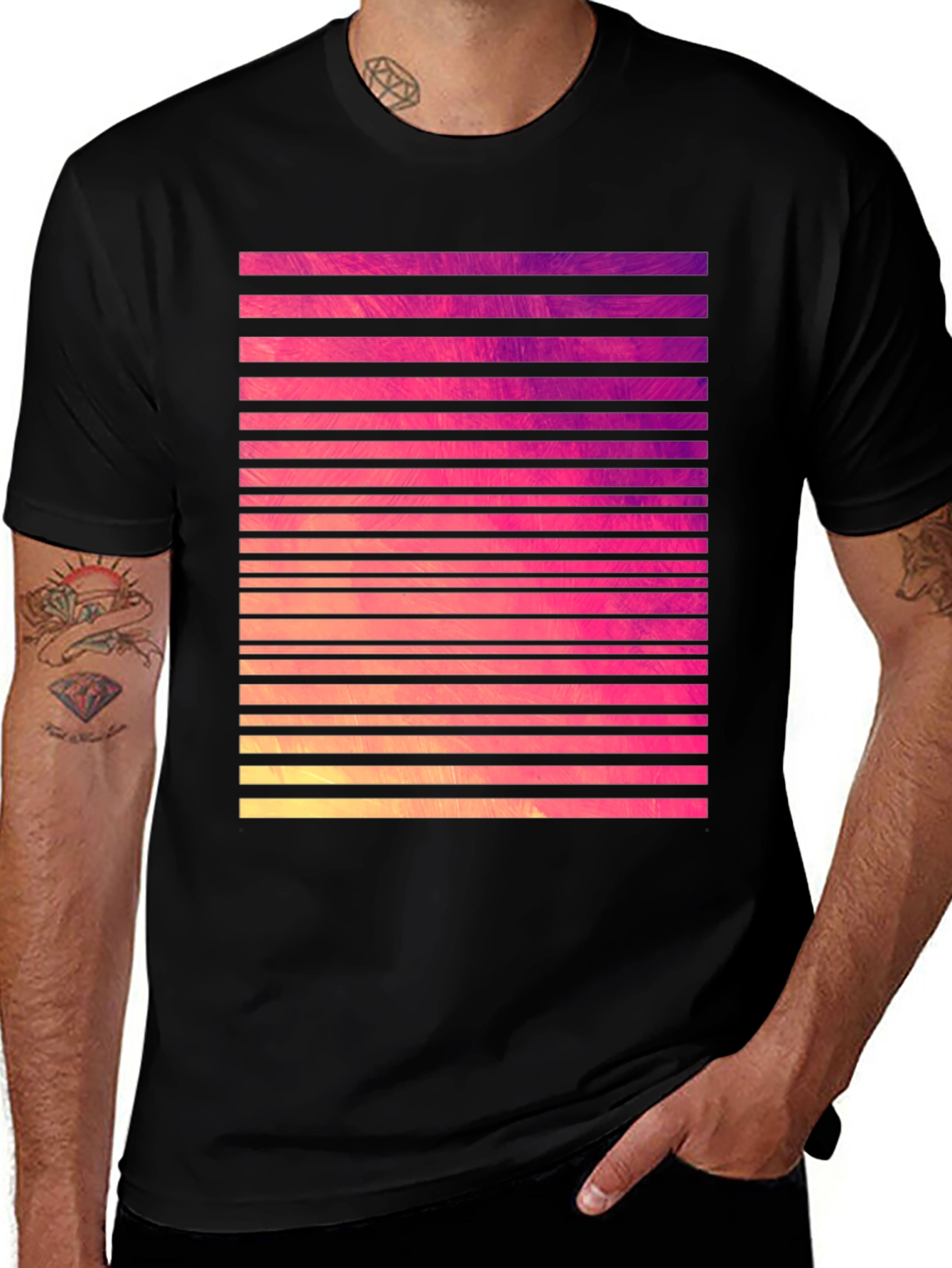 Retro Stripe Graphic Tee - Black Cotton Blend