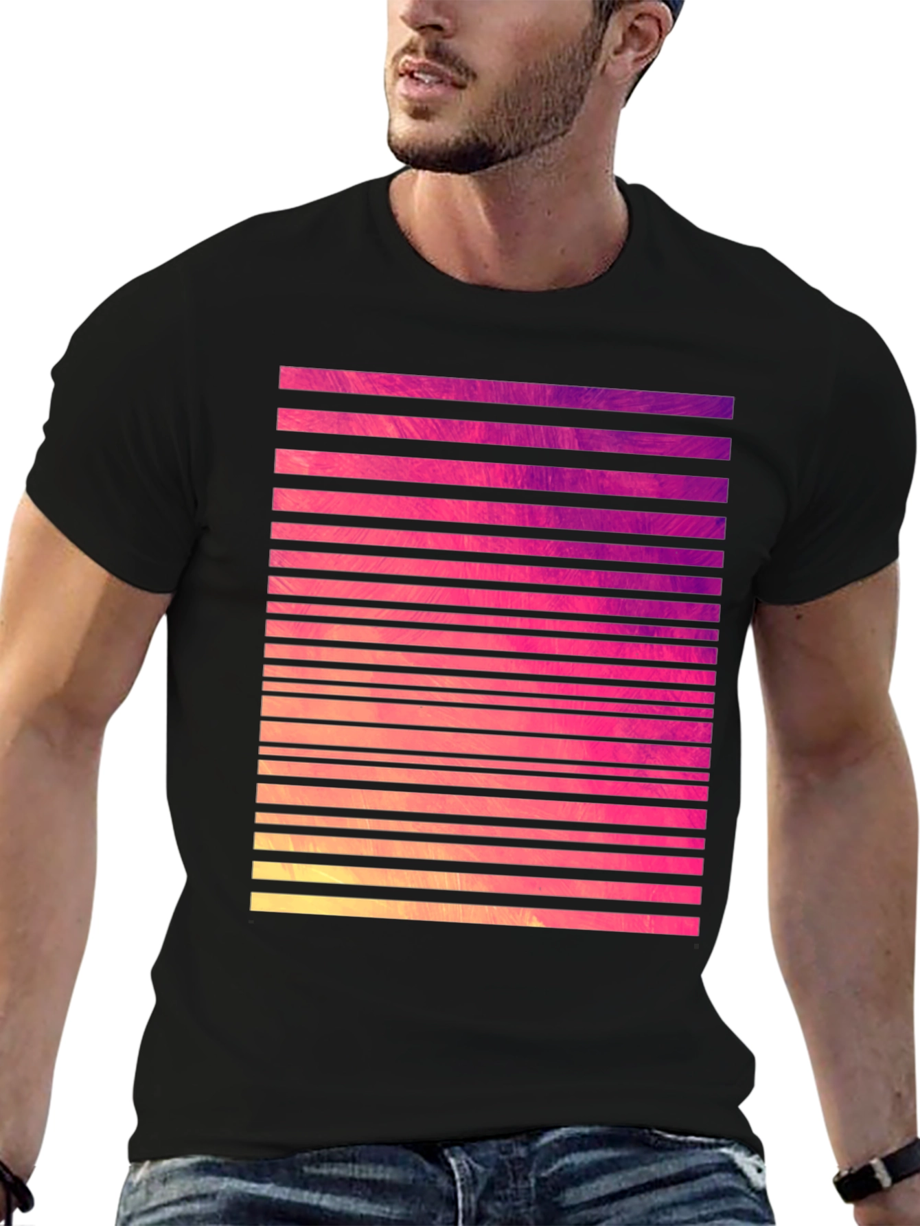 Retro Stripe Graphic Tee - Black Cotton Blend