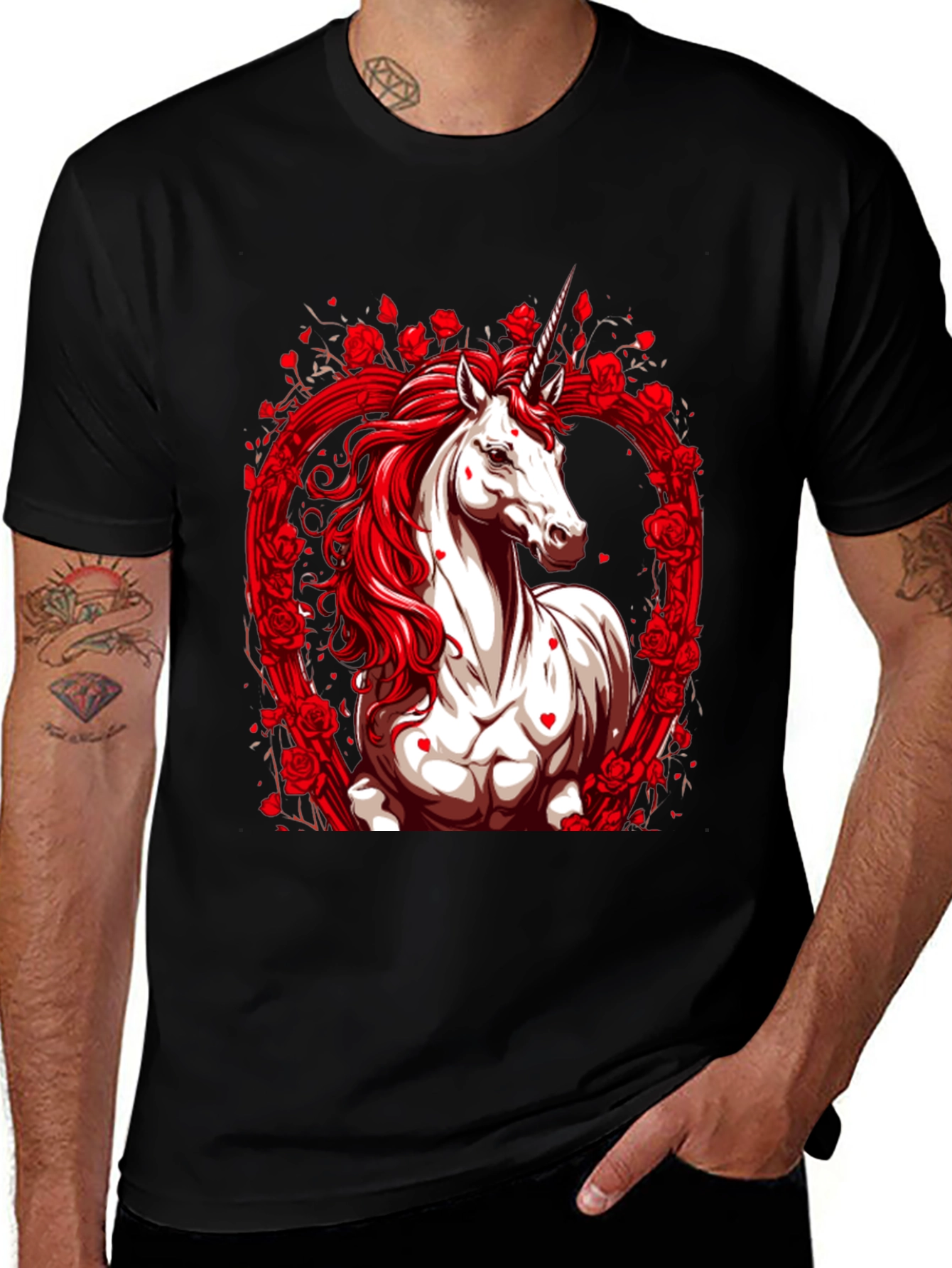 Unicorn Rose Heart Black T-Shirt