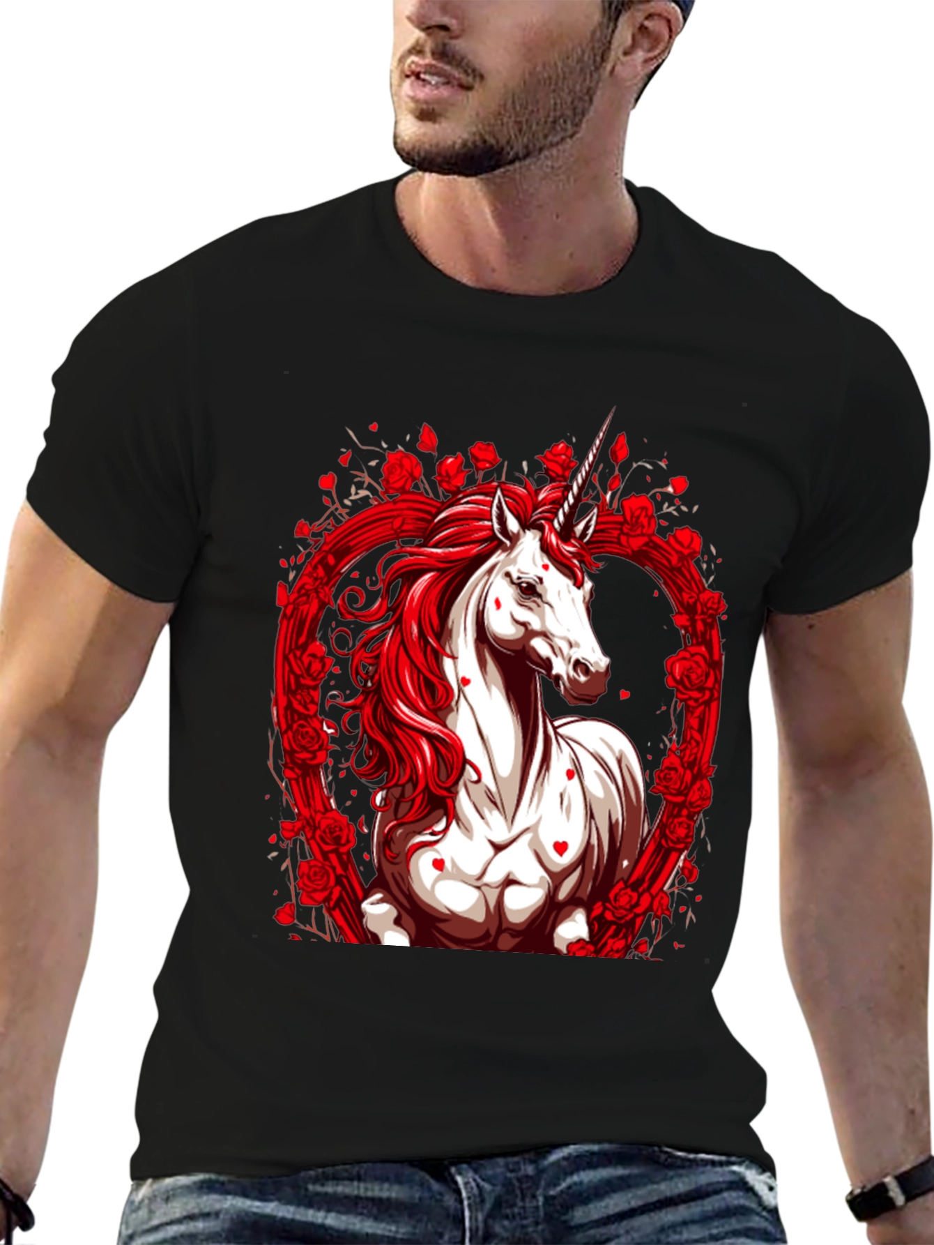 Unicorn Rose Heart Black T-Shirt