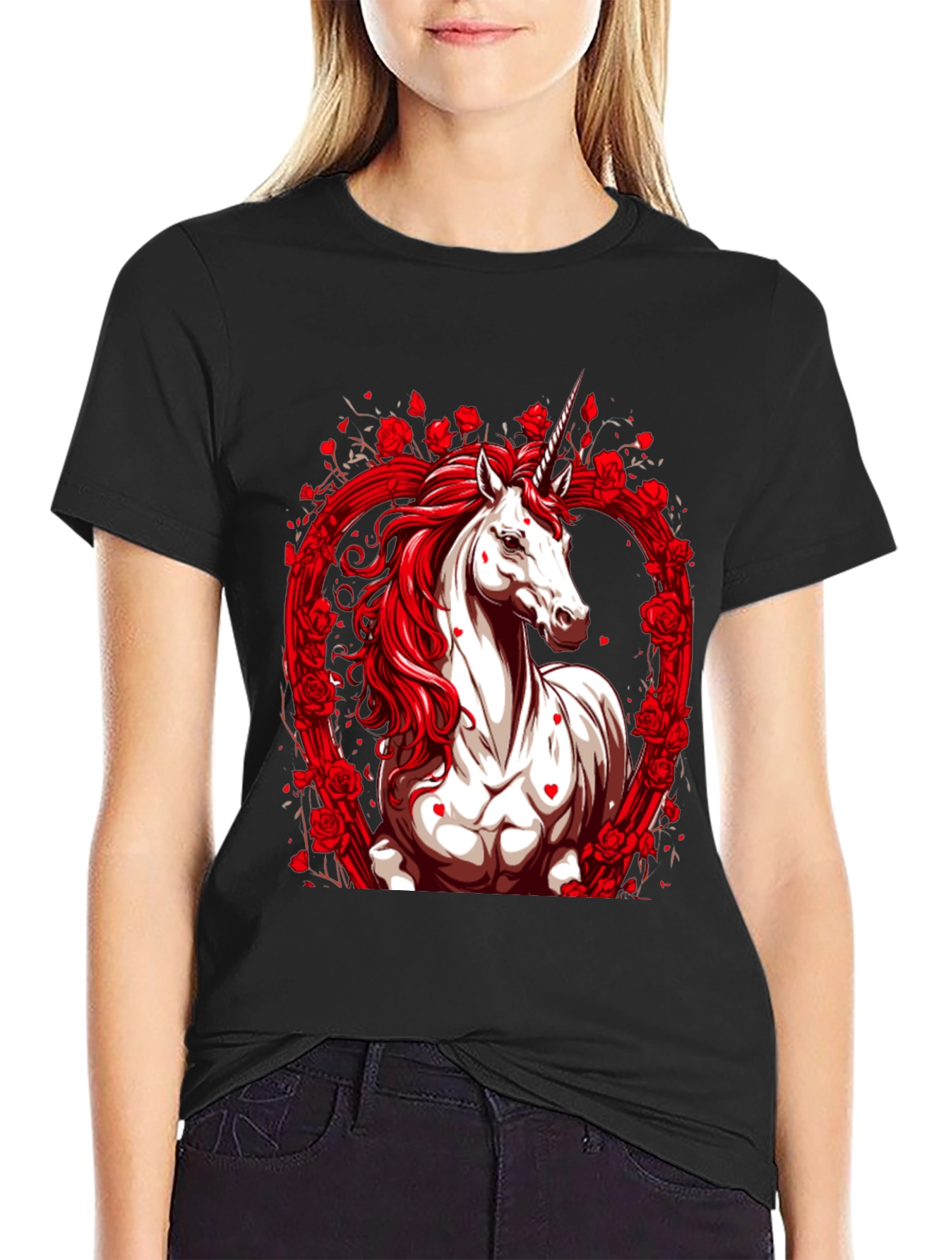 Unicorn Rose Heart Black T-Shirt