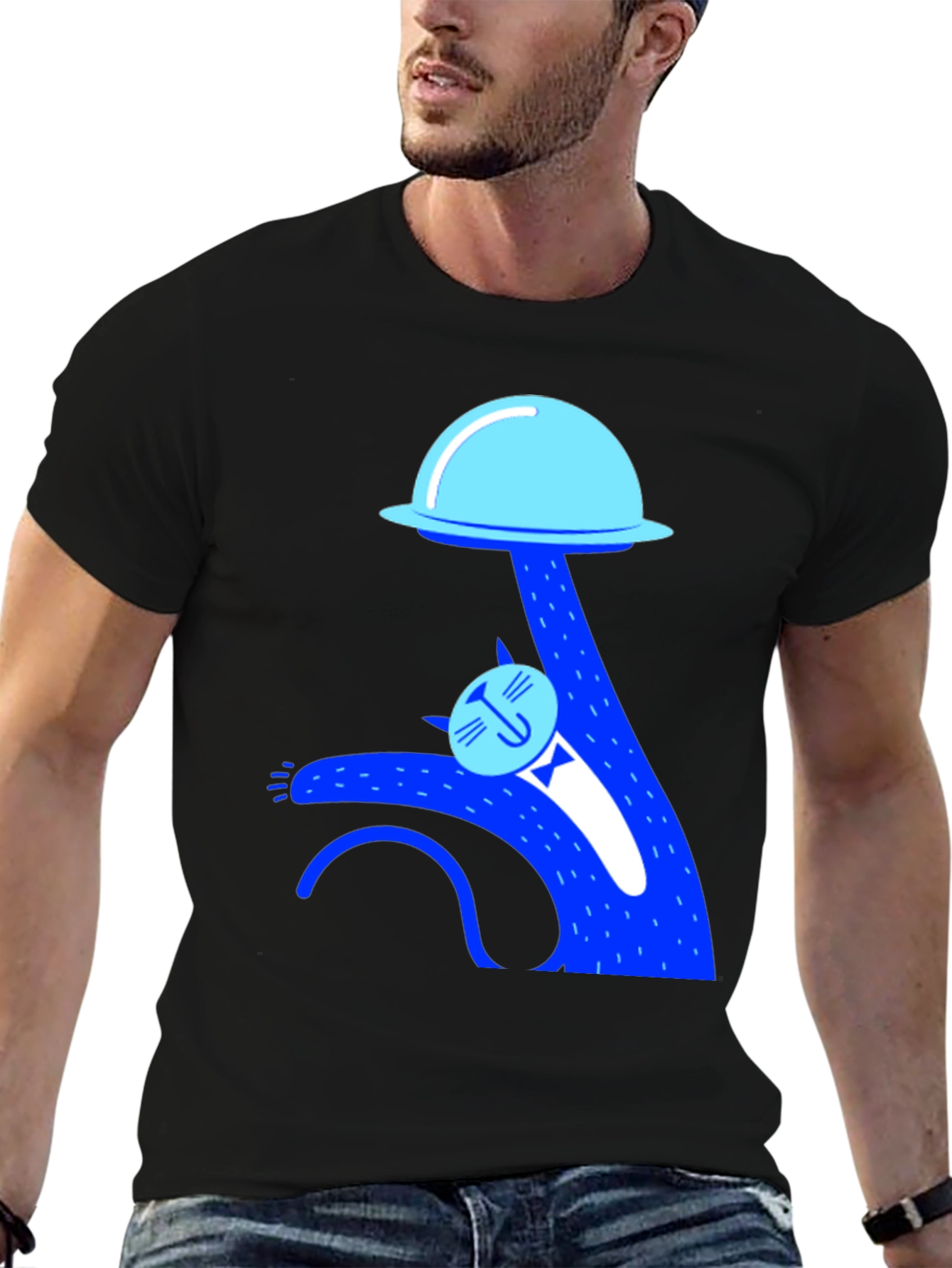 Whimsical Cat UFO Abduction Black T-Shirt