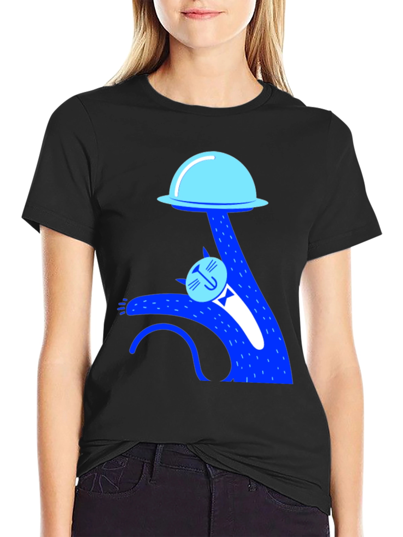 Whimsical Cat UFO Abduction Black T-Shirt