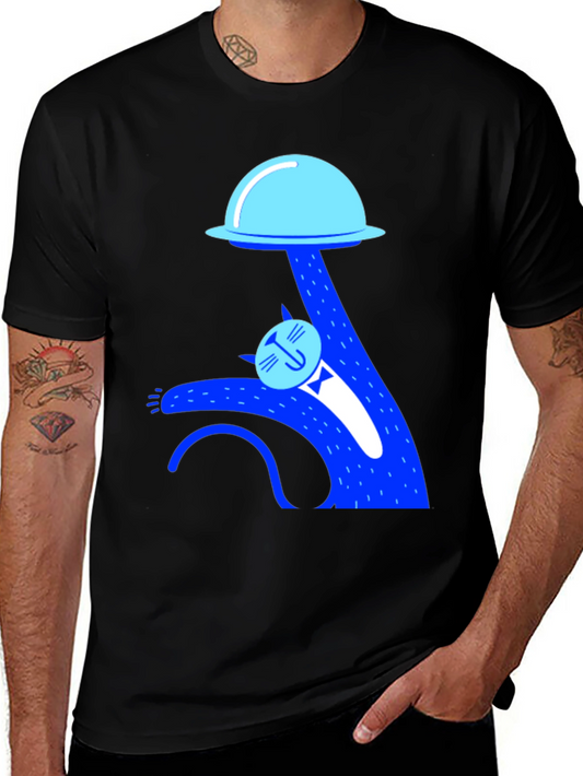 Whimsical Cat UFO Abduction Black T-Shirt