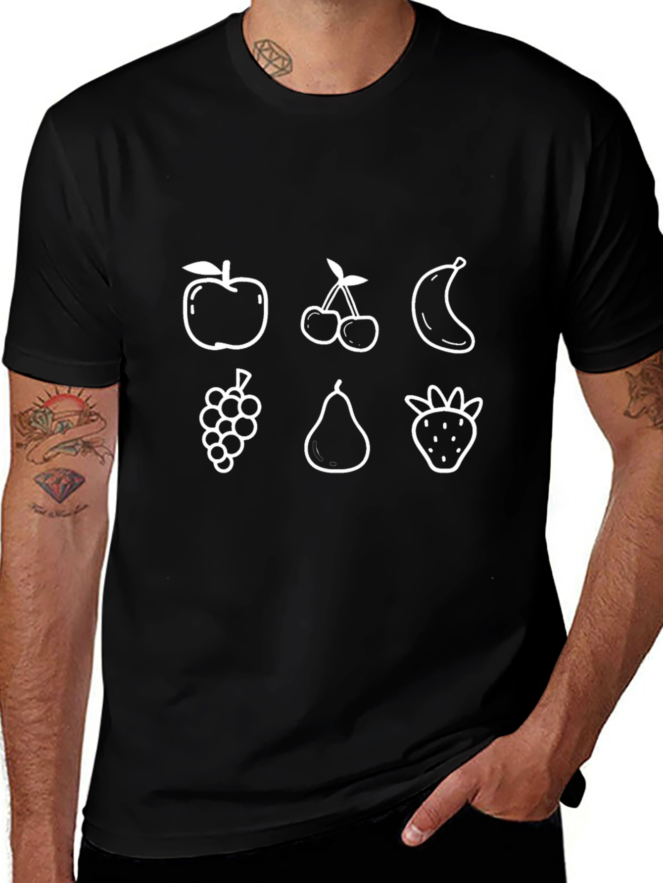 Whimsical Fruit Print Black T-Shirt