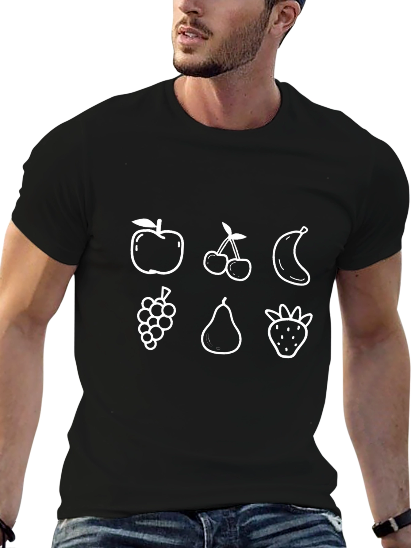 Whimsical Fruit Print Black T-Shirt