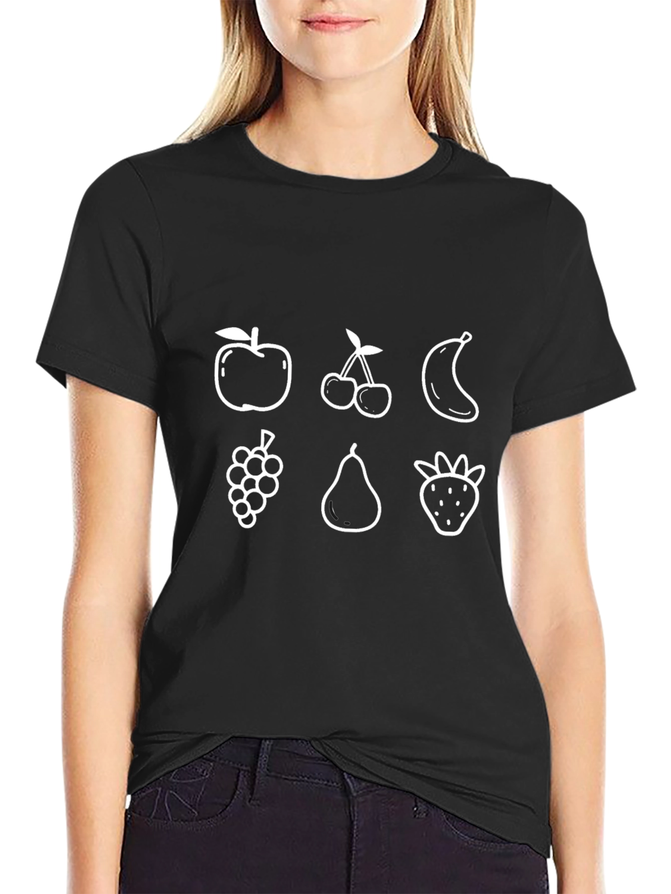 Whimsical Fruit Print Black T-Shirt