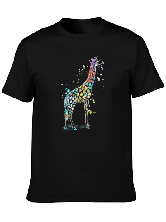 Colorful Giraffe Graphic Print Black T-Shirt