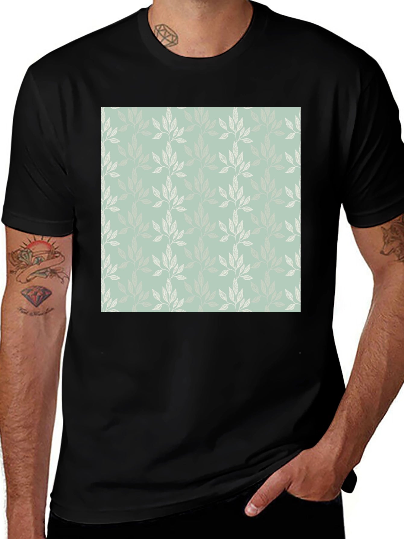 Leaf Pattern Graphic Black Tee