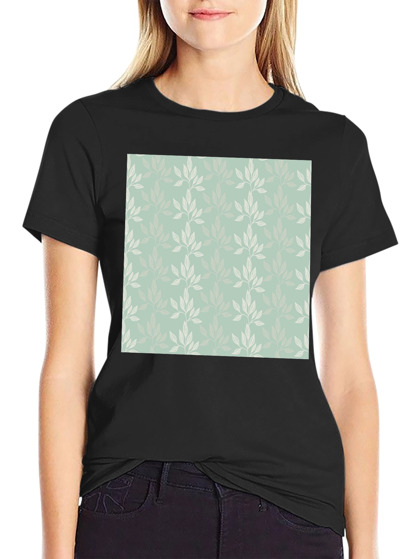 Leaf Pattern Graphic Black Tee