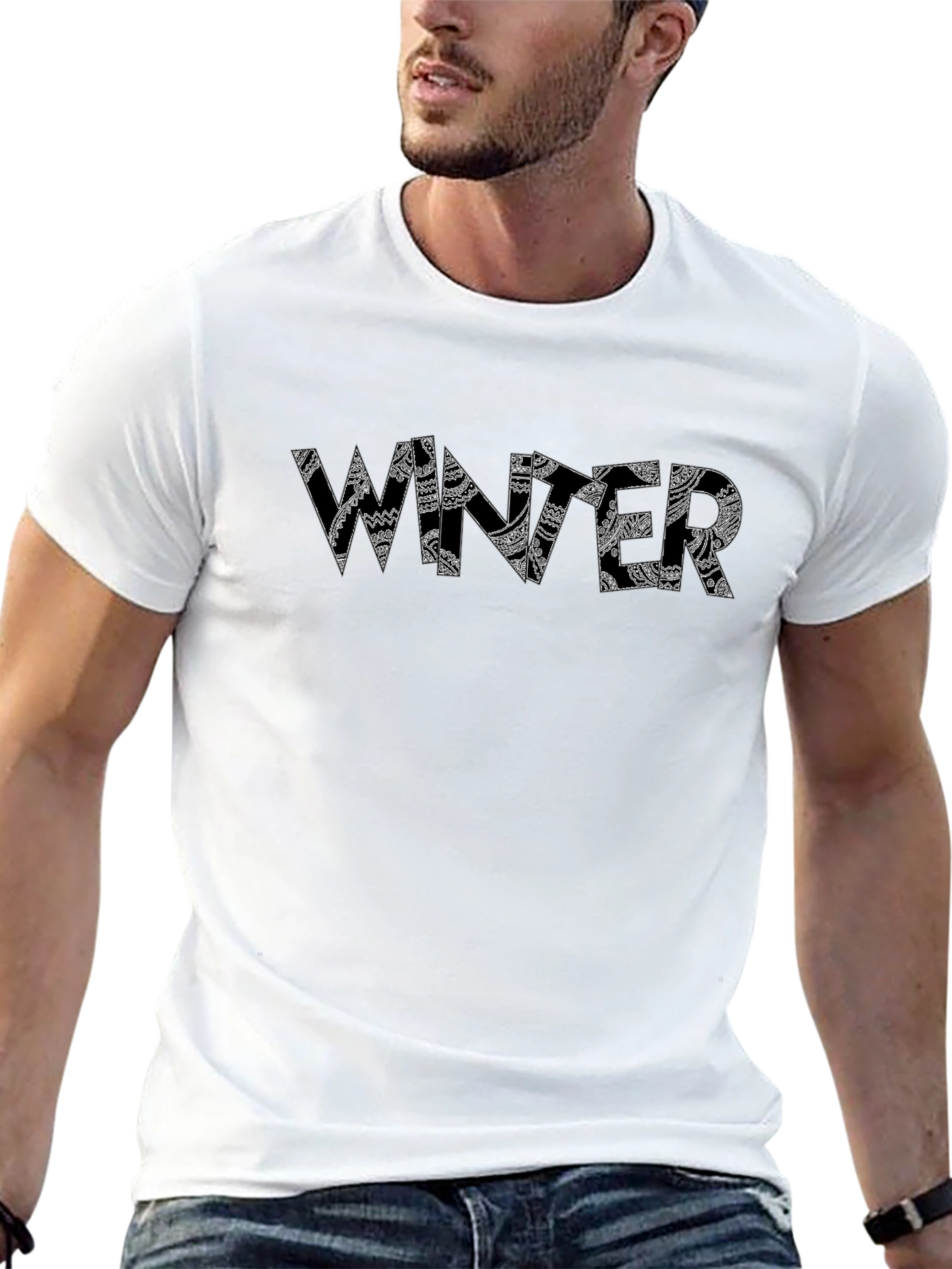 Winter Pattern Print Black T-Shirt