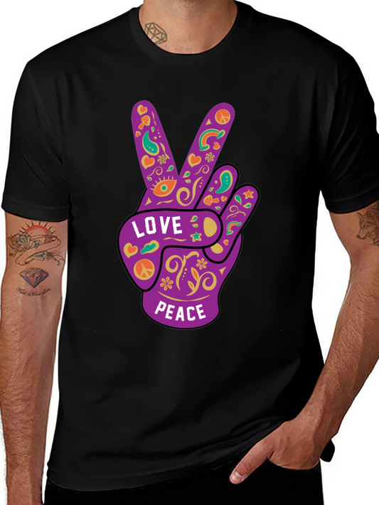 Love & Peace Hand Sign Graphic Tee - Black Cotton Blend