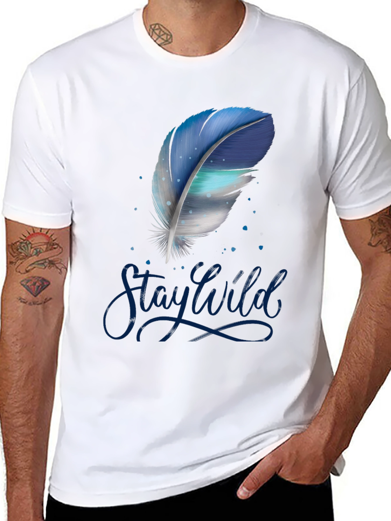 Stay Wild Feather Graphic Tee - Black Cotton T-Shirt
