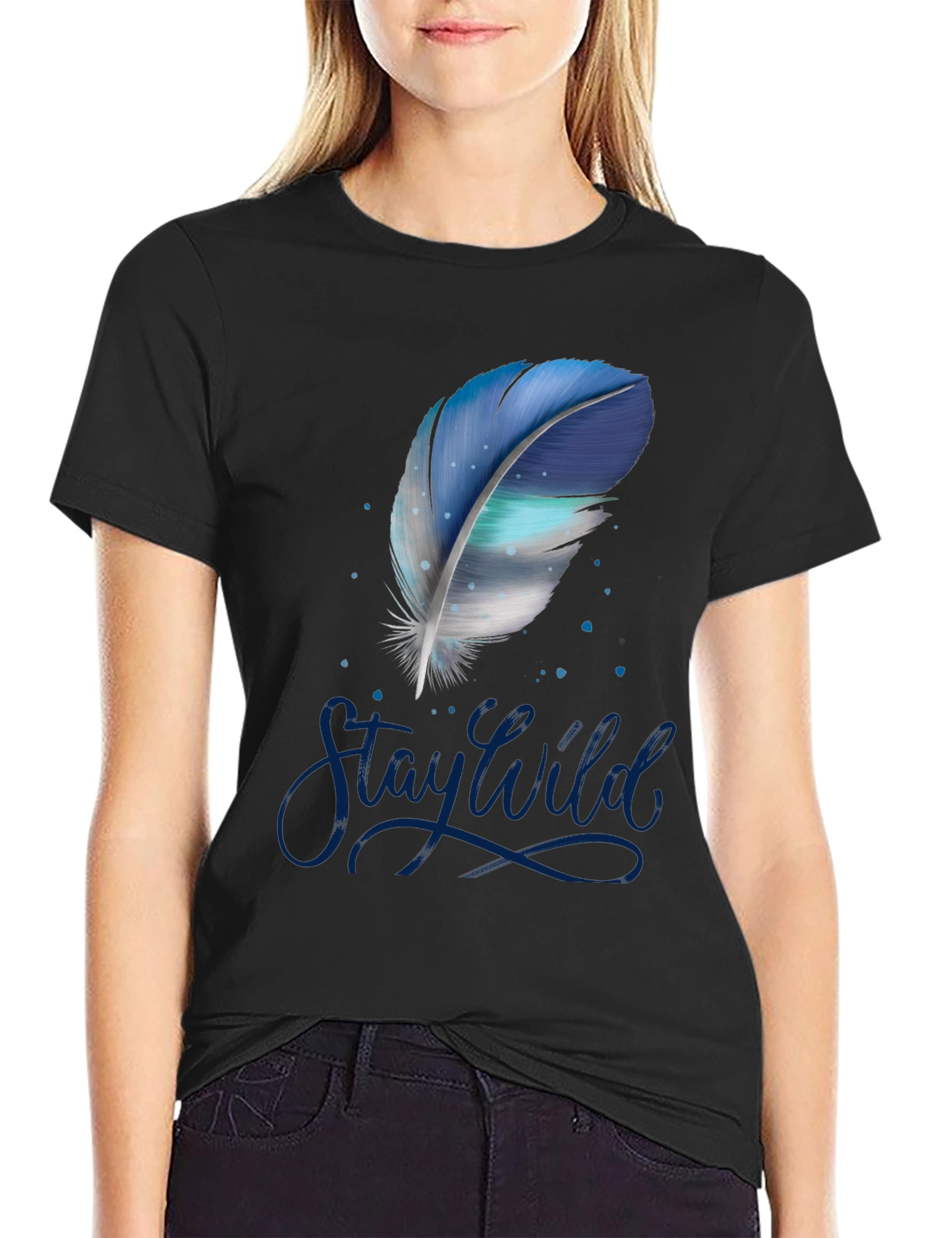 Stay Wild Feather Graphic Tee - Black Cotton T-Shirt